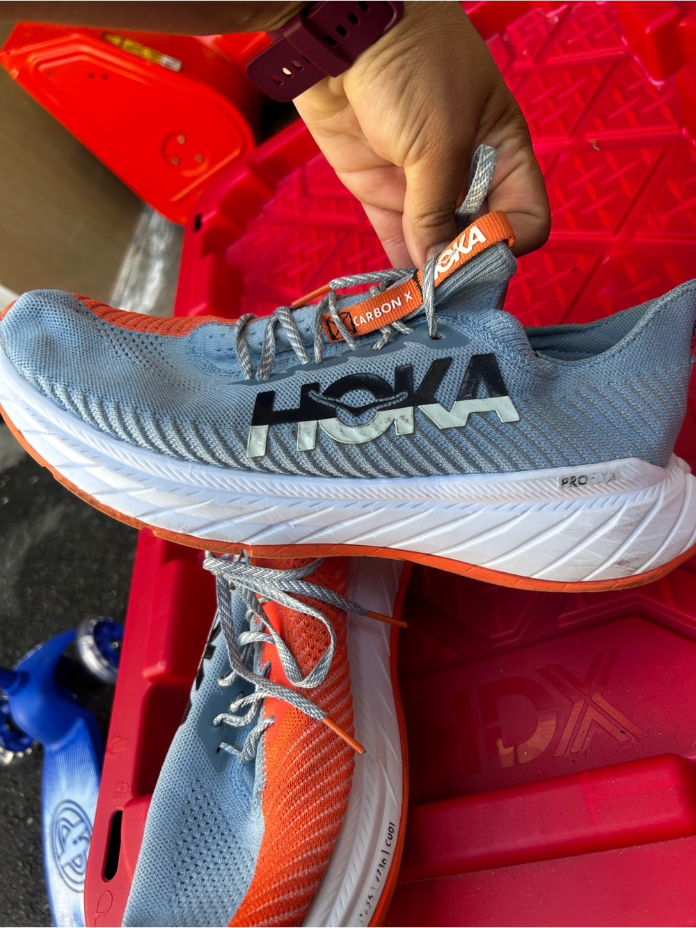 Hoka Men's Light Blue and Orange Carbon X Running Shoes